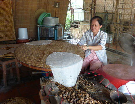 Lokale vrouw in rijstnoodle fabriek, Can Tho