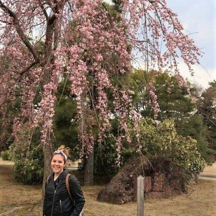 Deborah bij de kersenbloesem in Kyoto