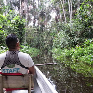 Op pad met de gids in een kano, opzoek naar dieren in de Amazone