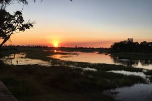 De zonsondergang in Okavango Delta