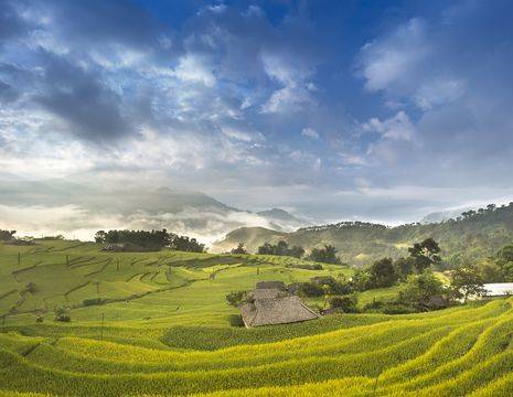 De groene rijstvelden in de hoge bergen van Ha Giang