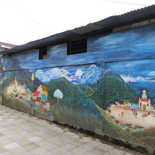 Kleurrijke streetart in het dorpscentrum van Mindo